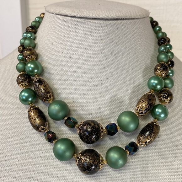 Vintage double strand green and gold splash bead necklace - Picture 1 of 7